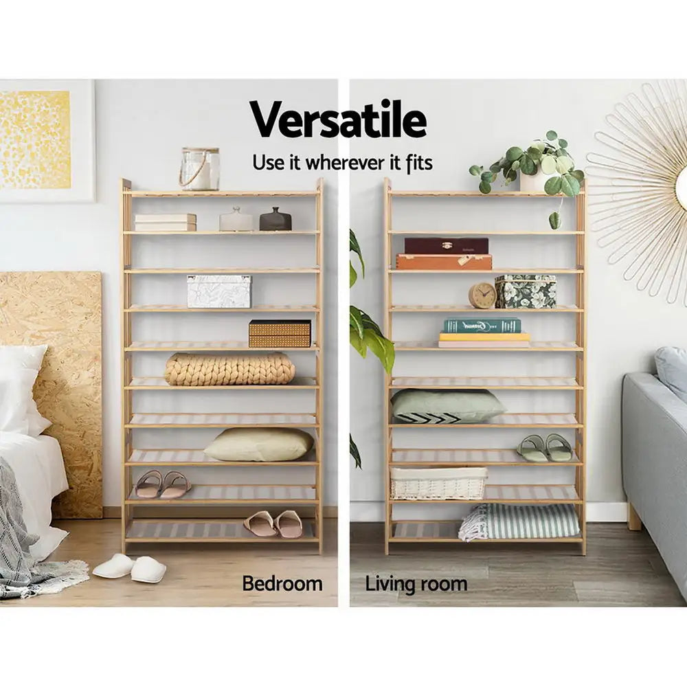 Artiss 10-Tier Bamboo Shoe Rack Wooden Shelf Stand Storage Organizer - Furniture > Living Room