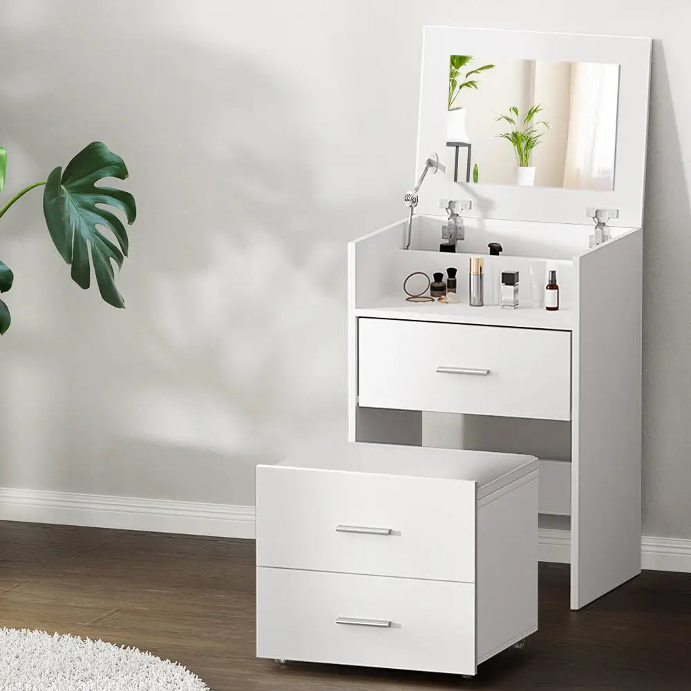 Artiss 2-in-1 Dressing Table Stool Set Bedside Table White - Furniture > Bedroom