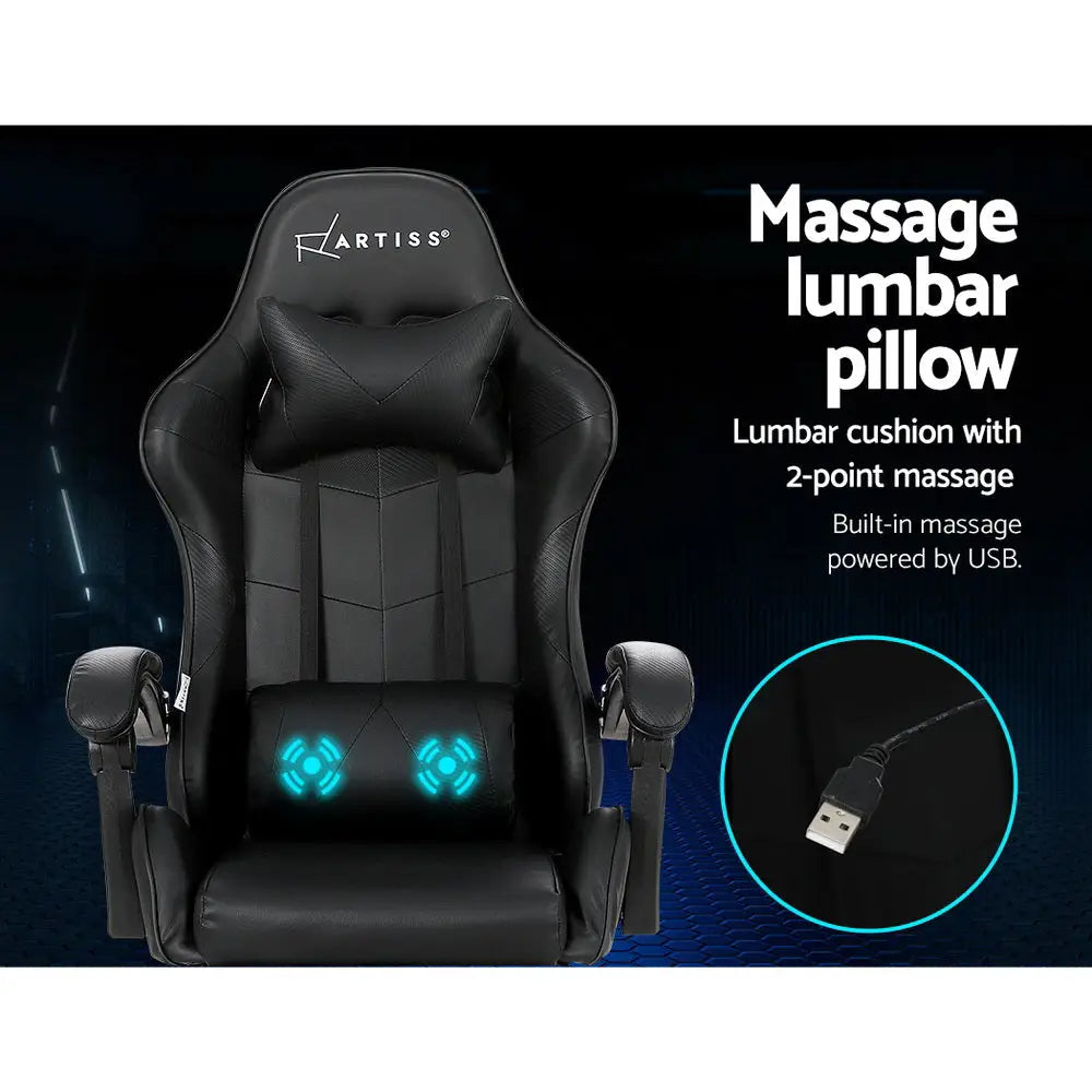 Artiss 2 Point Massage Gaming Office Chair Footrest Black - Furniture > Office
