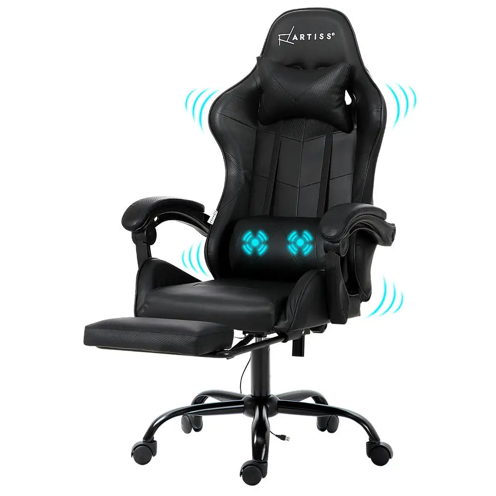 Artiss 2 Point Massage Gaming Office Chair Footrest Black - Furniture > Office