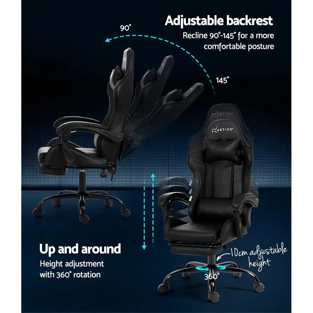 Artiss 2 Point Massage Gaming Office Chair Footrest Black - Furniture > Office