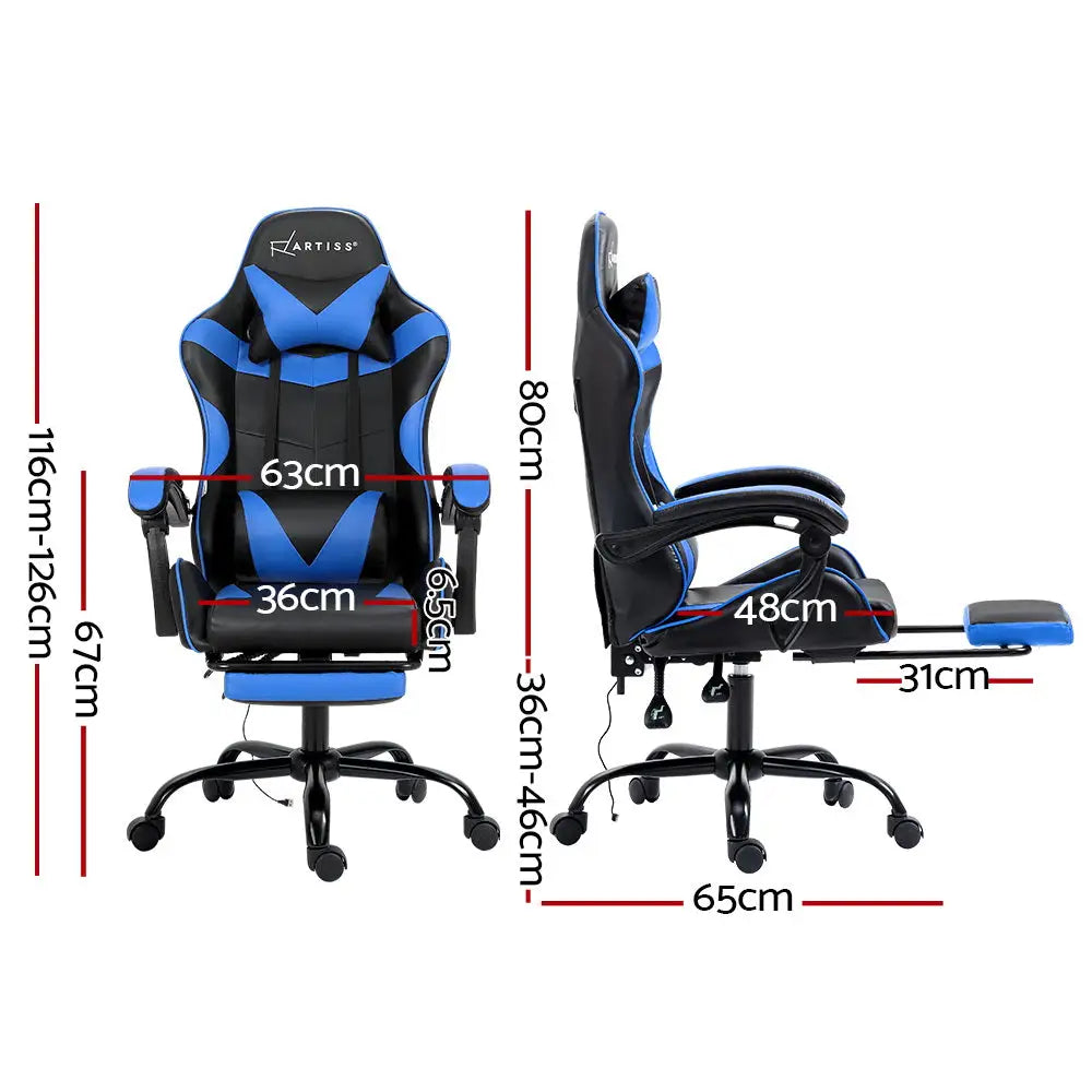 Artiss 2 Point Massage Gaming Office Chair Footrest Blue - Furniture > Office