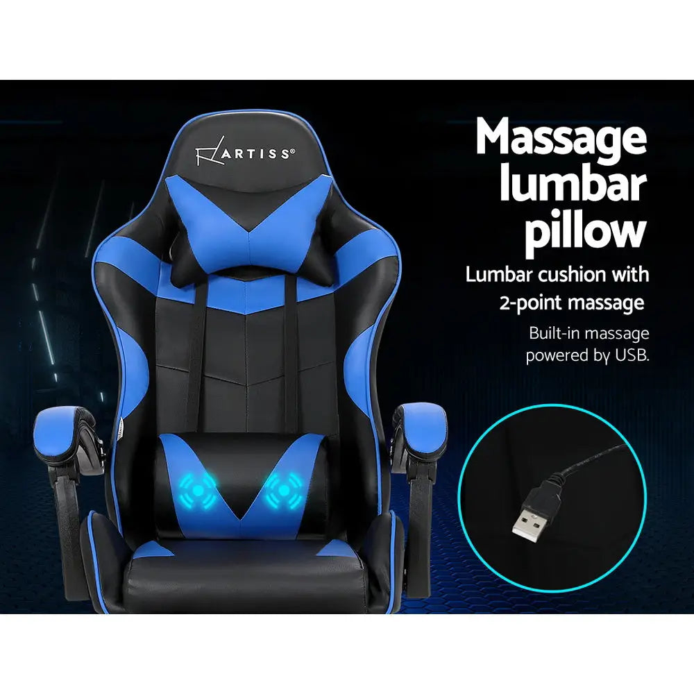 Artiss 2 Point Massage Gaming Office Chair Footrest Blue - Furniture > Office