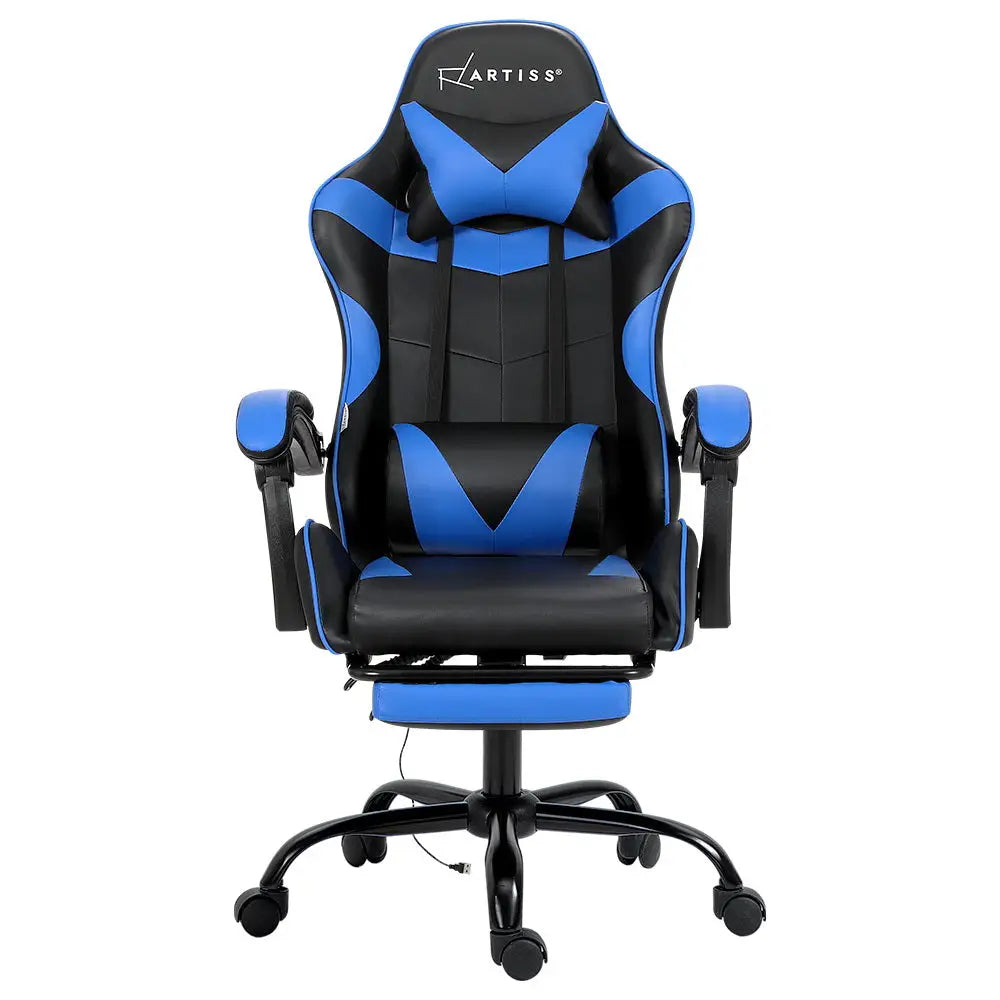 Artiss 2 Point Massage Gaming Office Chair Footrest Blue - Furniture > Office