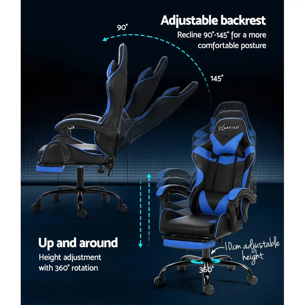 Artiss 2 Point Massage Gaming Office Chair Footrest Blue - Furniture > Office