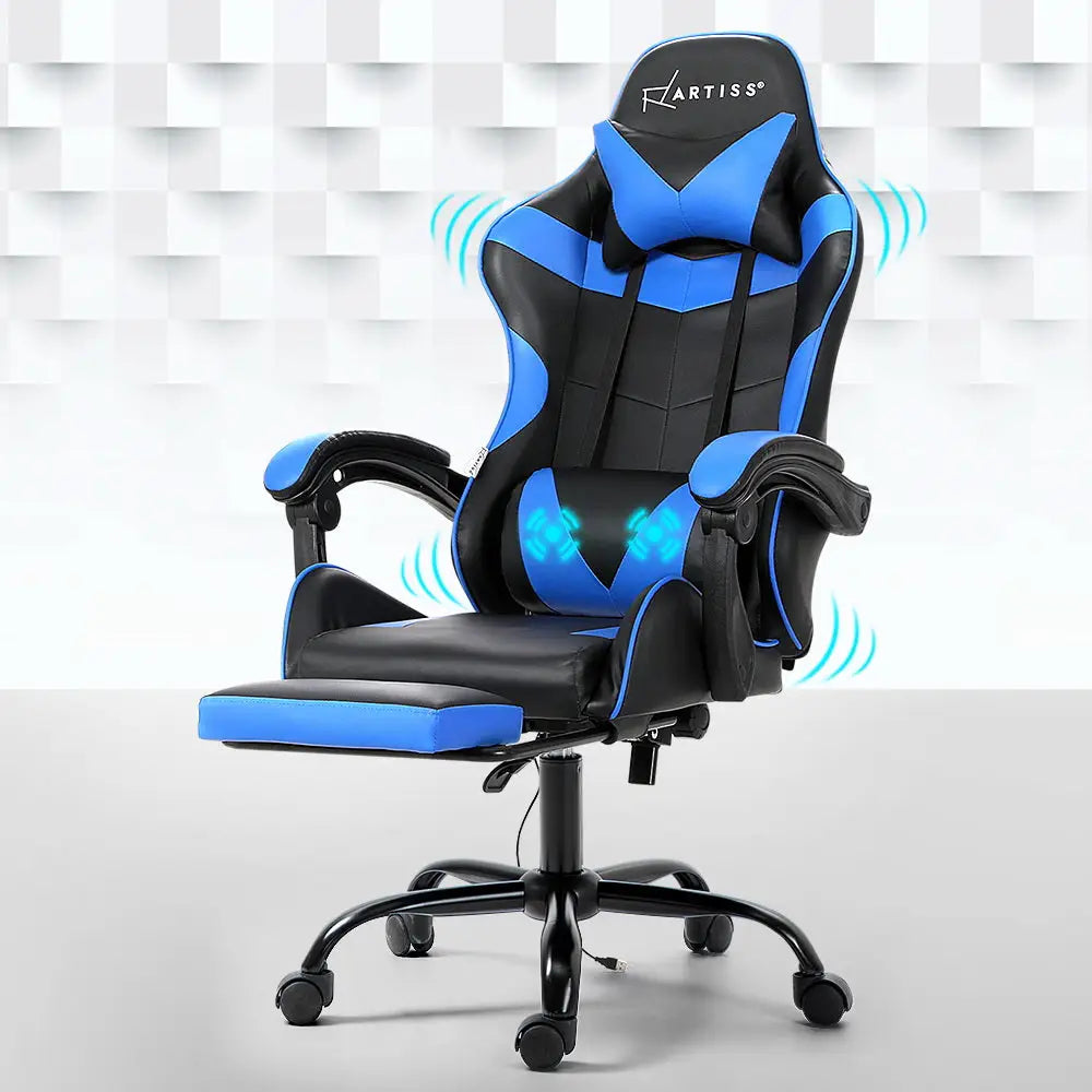 Artiss 2 Point Massage Gaming Office Chair Footrest Blue - Furniture > Office