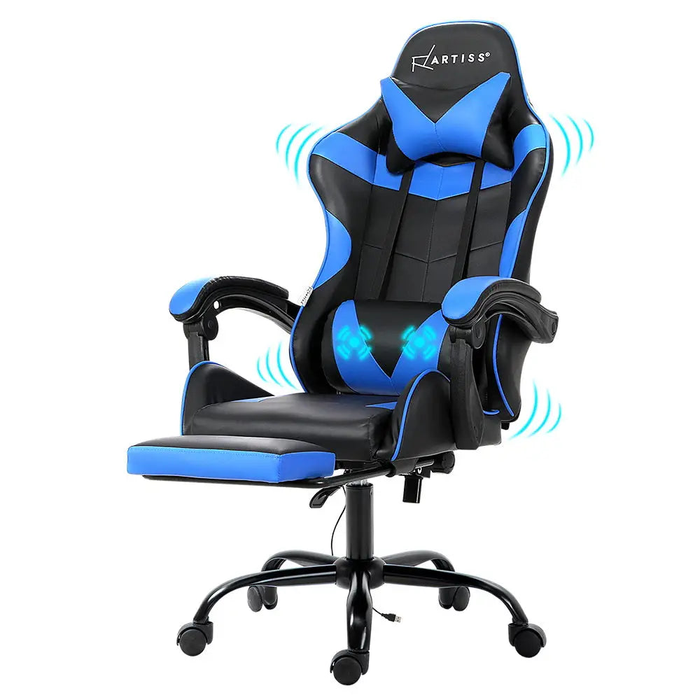 Artiss 2 Point Massage Gaming Office Chair Footrest Blue - Furniture > Office