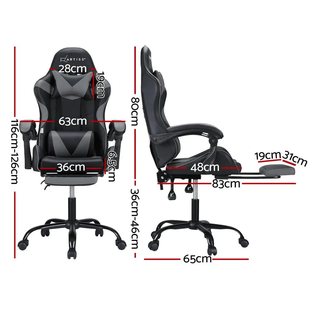 Artiss 2 Point Massage Gaming Office Chair Footrest Grey - Furniture > Bar Stools & Chairs