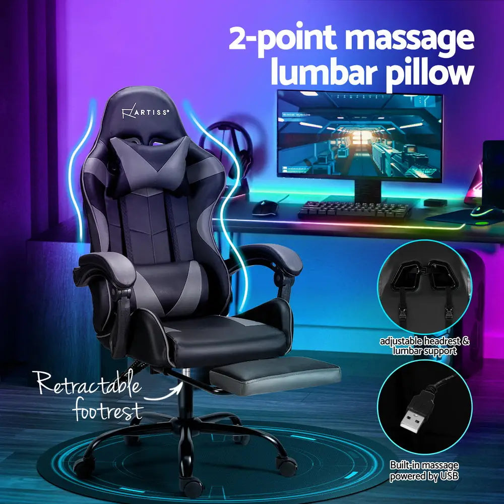 Artiss 2 Point Massage Gaming Office Chair Footrest Grey - Furniture > Bar Stools & Chairs