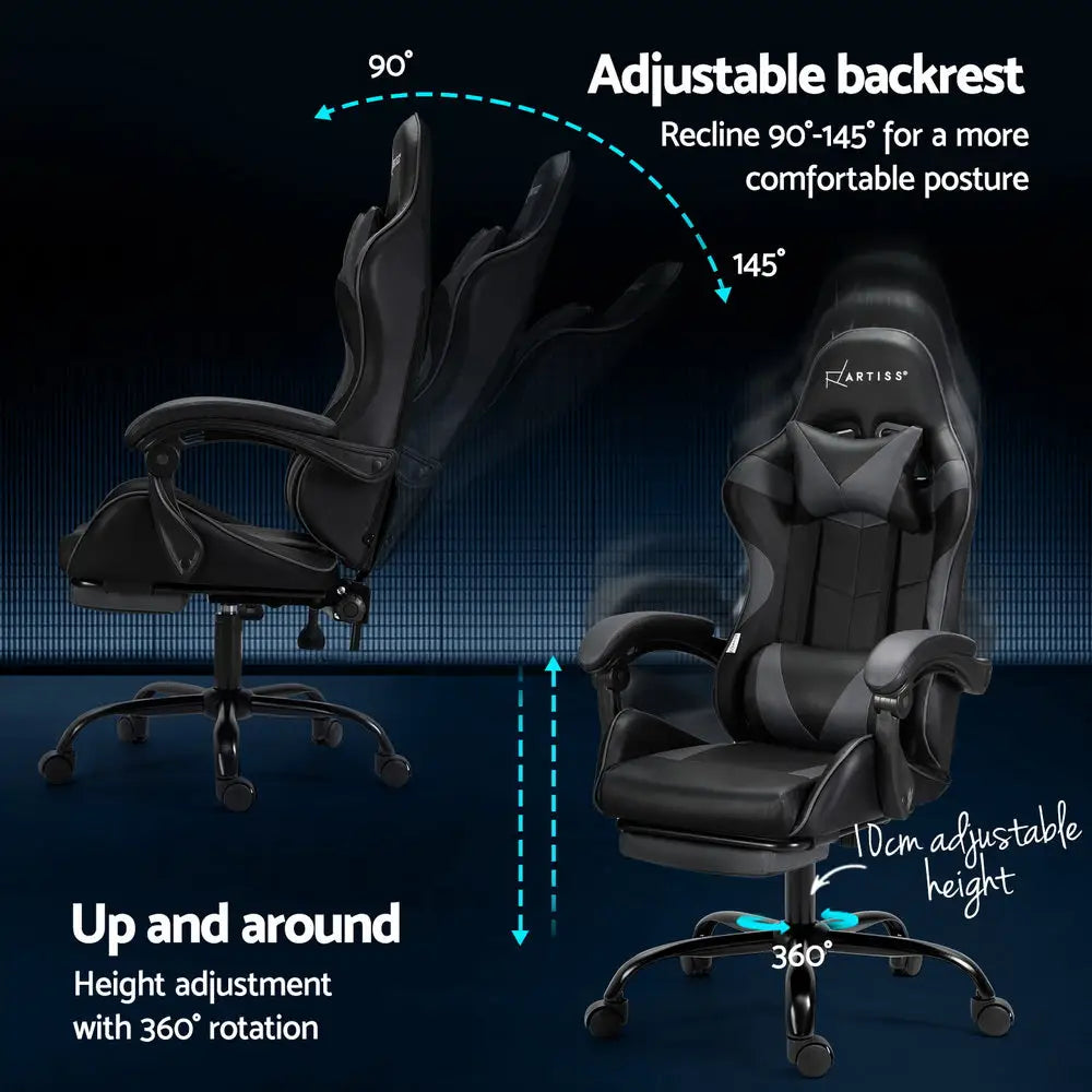 Artiss 2 Point Massage Gaming Office Chair Footrest Grey - Furniture > Bar Stools & Chairs