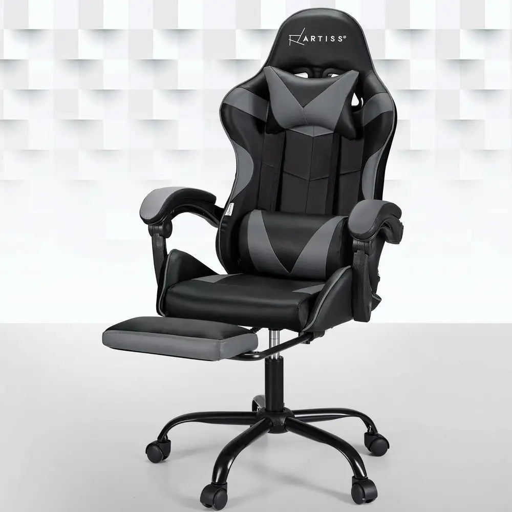 Artiss 2 Point Massage Gaming Office Chair Footrest Grey - Furniture > Bar Stools & Chairs