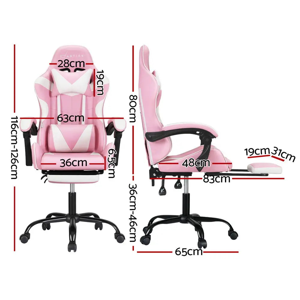 Artiss 2 Point Massage Gaming Office Chair Footrest Pink - Furniture > Bar Stools & Chairs