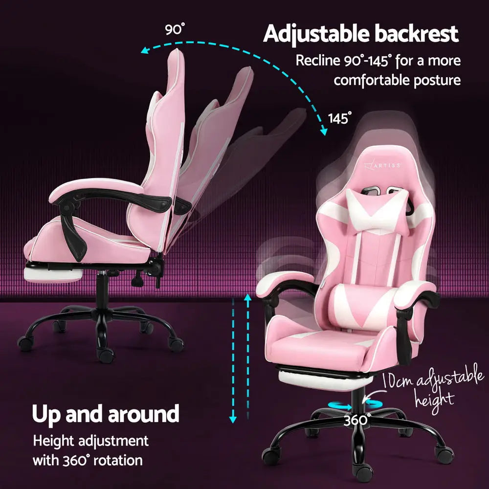 Artiss 2 Point Massage Gaming Office Chair Footrest Pink - Furniture > Bar Stools & Chairs