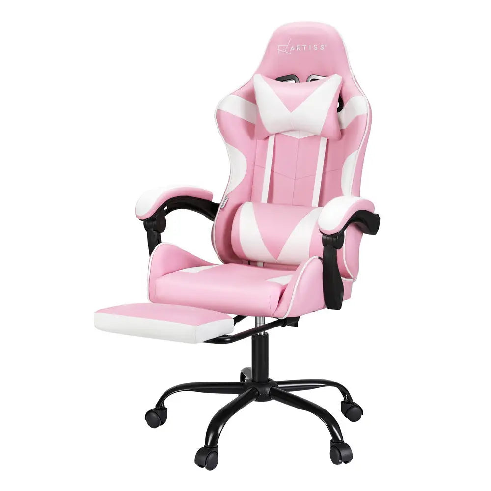 Artiss 2 Point Massage Gaming Office Chair Footrest Pink - Furniture > Bar Stools & Chairs