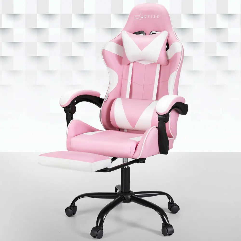 Artiss 2 Point Massage Gaming Office Chair Footrest Pink - Furniture > Bar Stools & Chairs