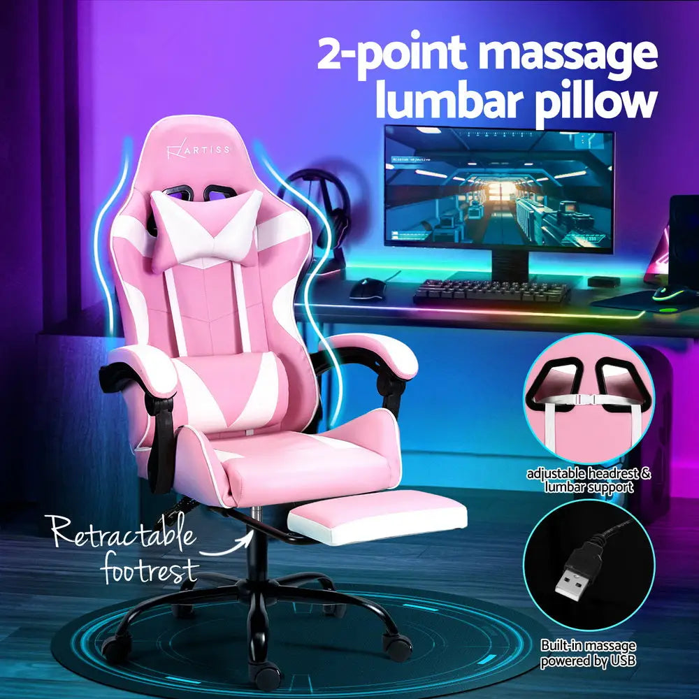 Artiss 2 Point Massage Gaming Office Chair Footrest Pink - Furniture > Bar Stools & Chairs