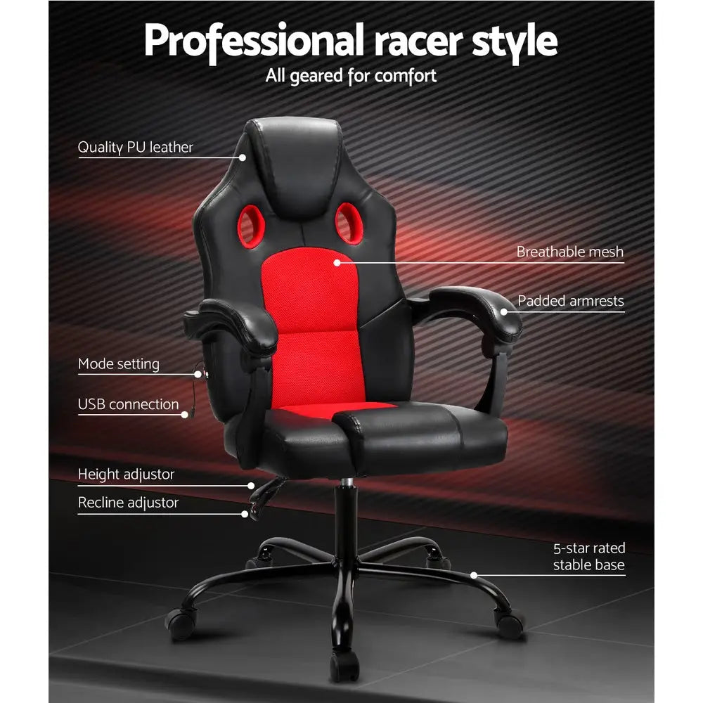 Artiss 2 Point Massage Gaming Office Chair PU Leather Red - Furniture > Office