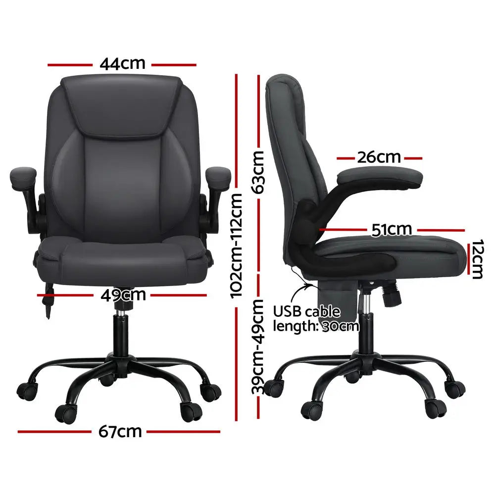 Artiss 2 Point Massage Office Chair Leather Mid Back Grey - Furniture > Office