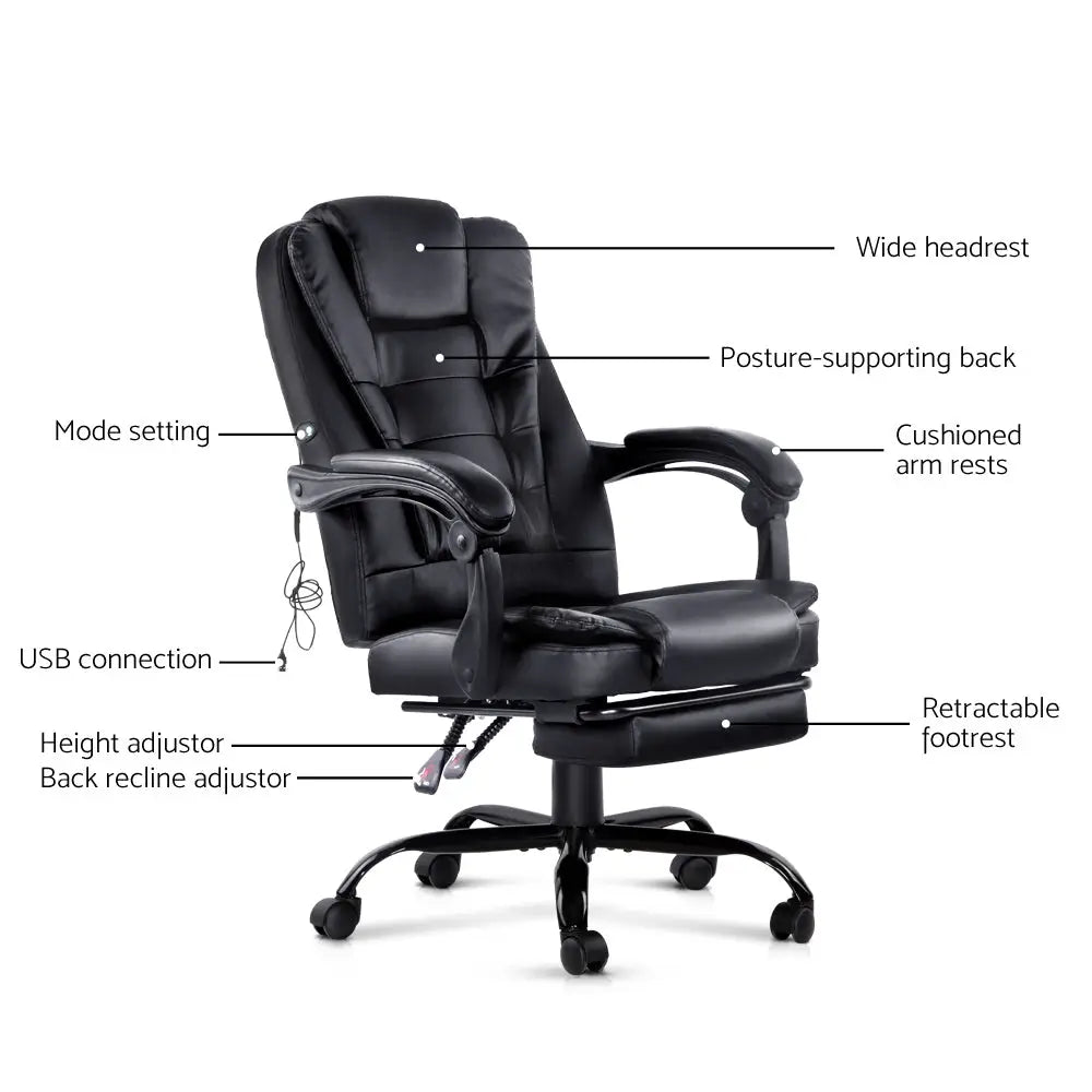 Artiss 2 Point Massage Office Chair PU Leather Footrest Black - Furniture > Office