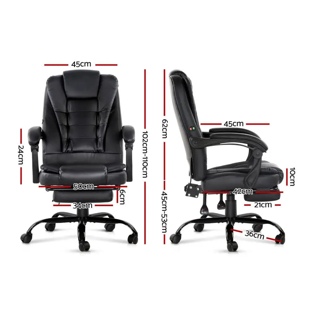 Artiss 2 Point Massage Office Chair PU Leather Footrest Black - Furniture > Office