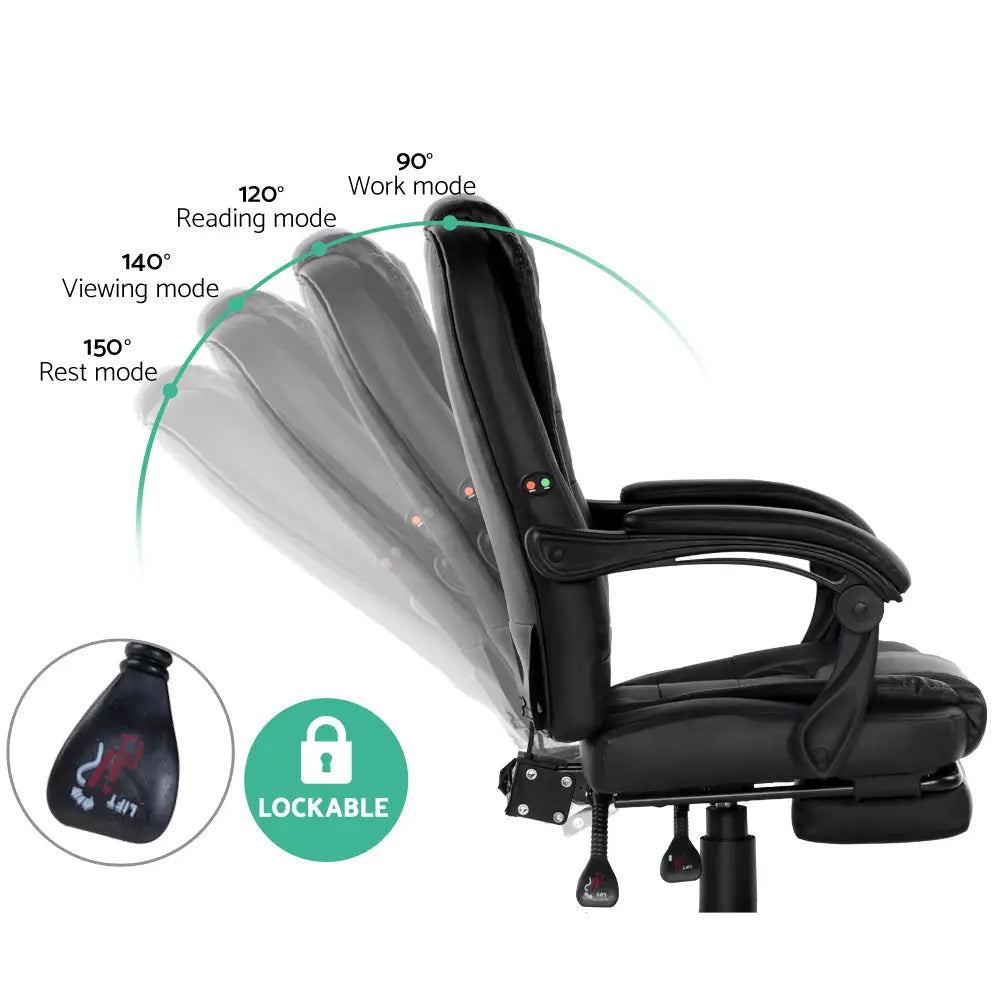 Artiss 2 Point Massage Office Chair PU Leather Footrest Black - Furniture > Office