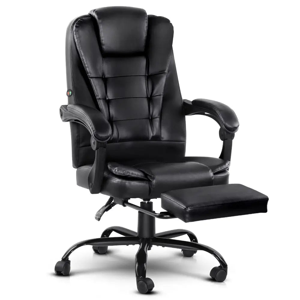 Artiss 2 Point Massage Office Chair PU Leather Footrest Black - Furniture > Office