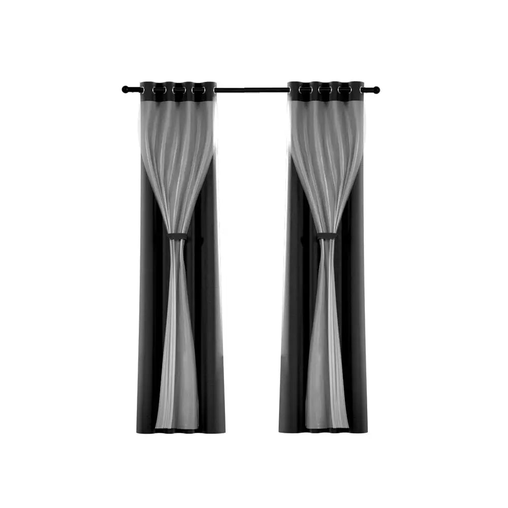 Artiss 2X 132x160cm Blockout Sheer Curtains Black - Home & Garden > Curtains