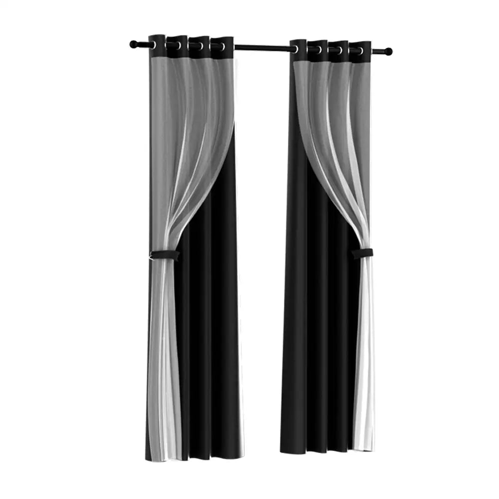 Artiss 2X 132x160cm Blockout Sheer Curtains Black - Home & Garden > Curtains
