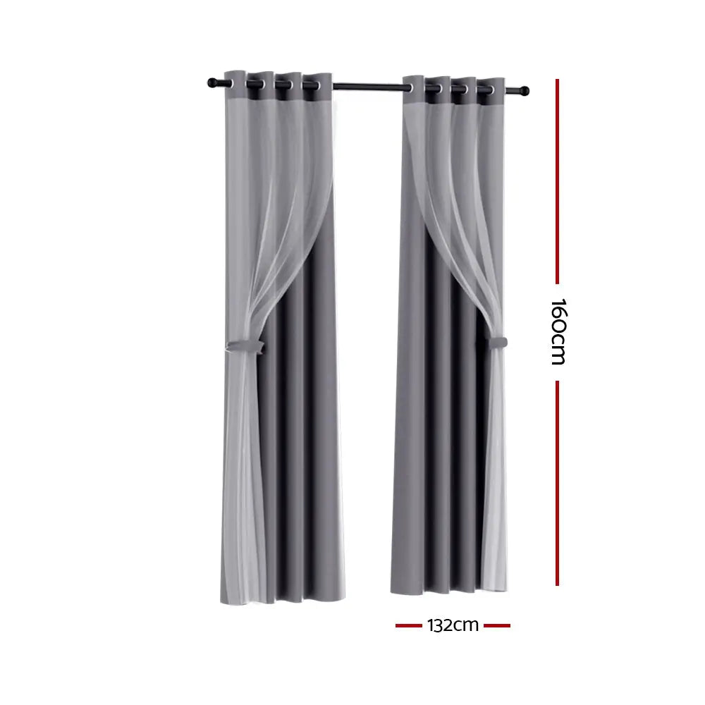 Artiss 2X 132x160cm Blockout Sheer Curtains Charcoal - Home & Garden > Curtains