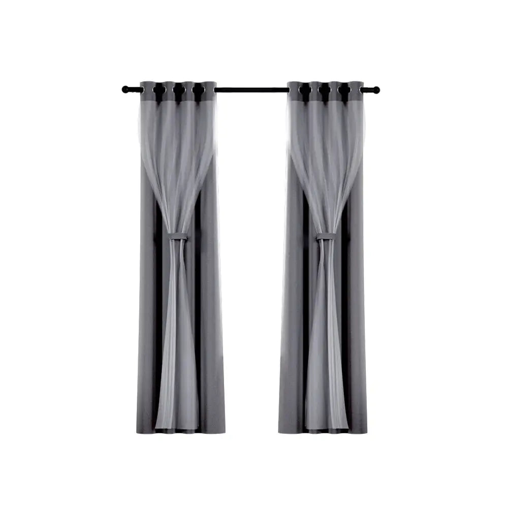 Artiss 2X 132x242cm Blockout Sheer Curtains Charcoal - Home & Garden > Curtains