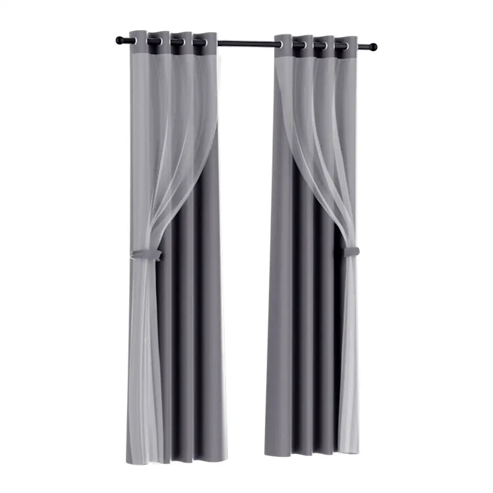 Artiss 2X 132x242cm Blockout Sheer Curtains Charcoal - Home & Garden > Curtains