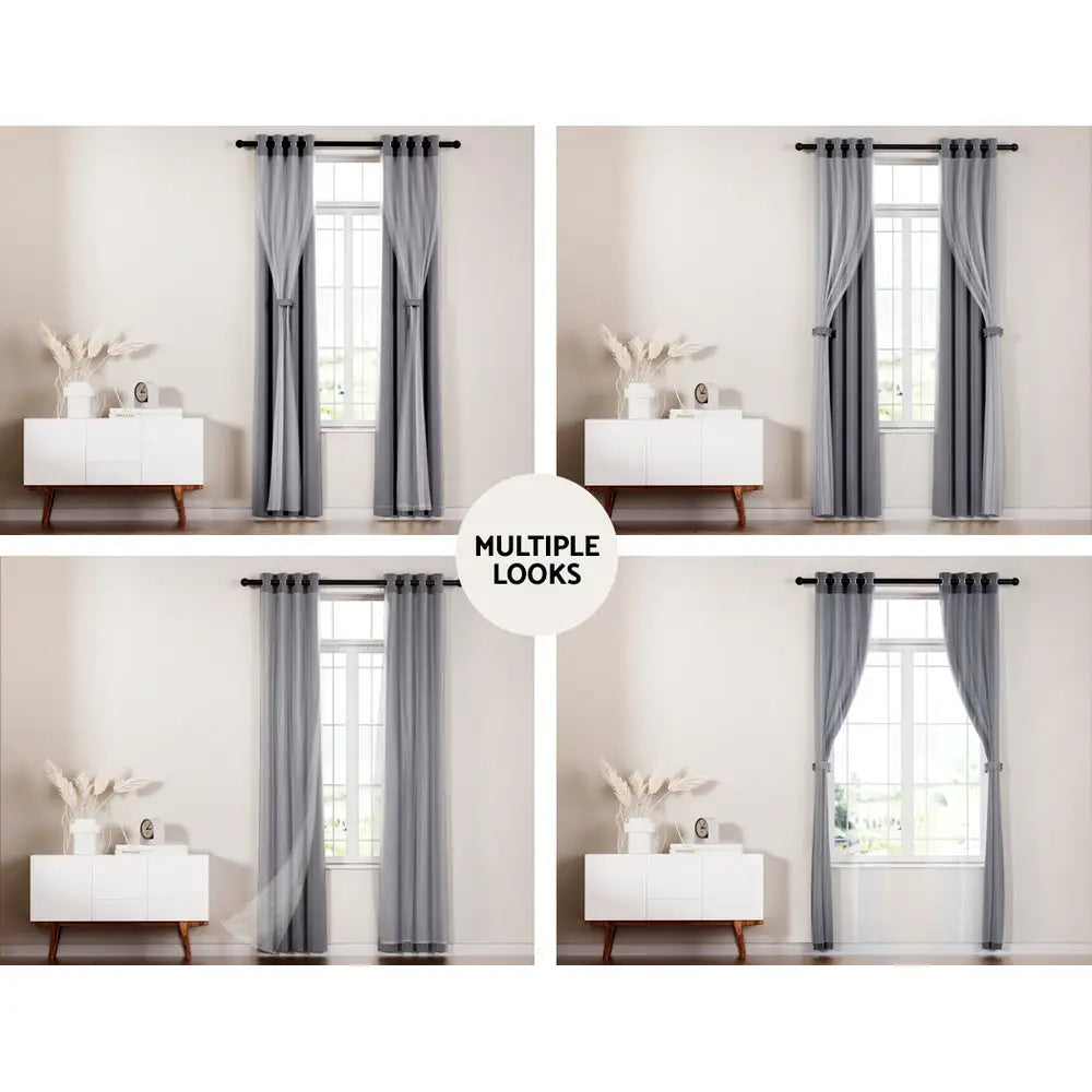 Artiss 2X 132x304cm Blockout Sheer Curtains Charcoal - Home & Garden > Curtains