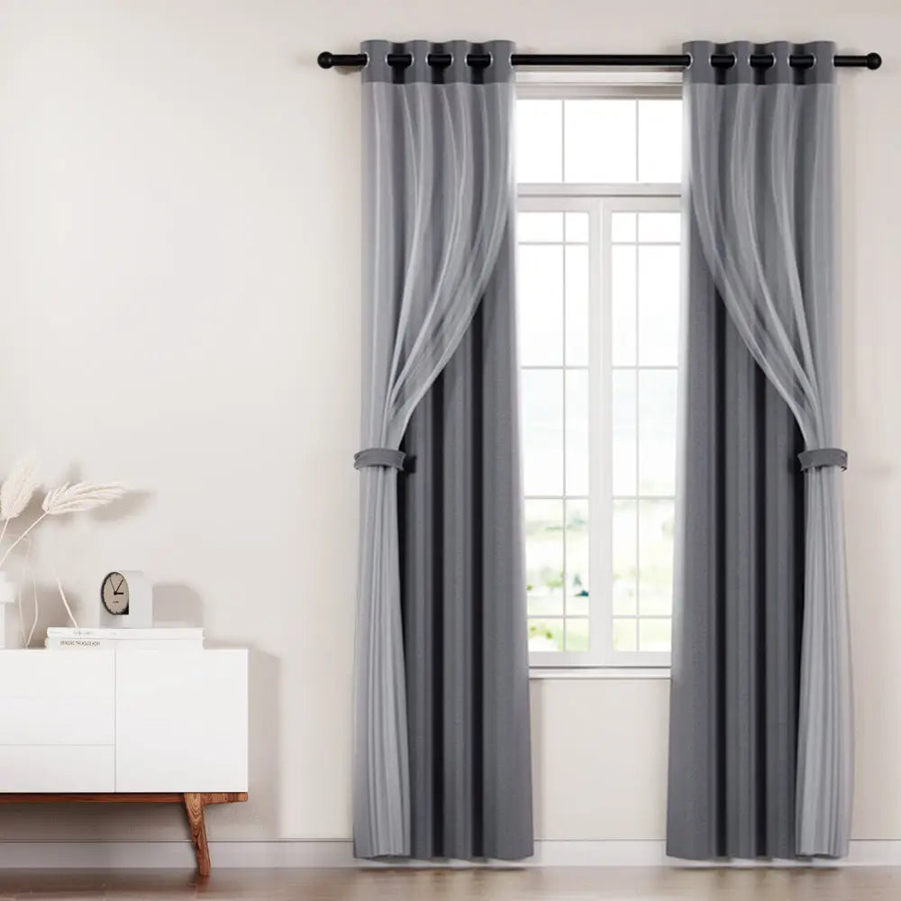 Artiss 2X 132x304cm Blockout Sheer Curtains Charcoal - Home & Garden > Curtains