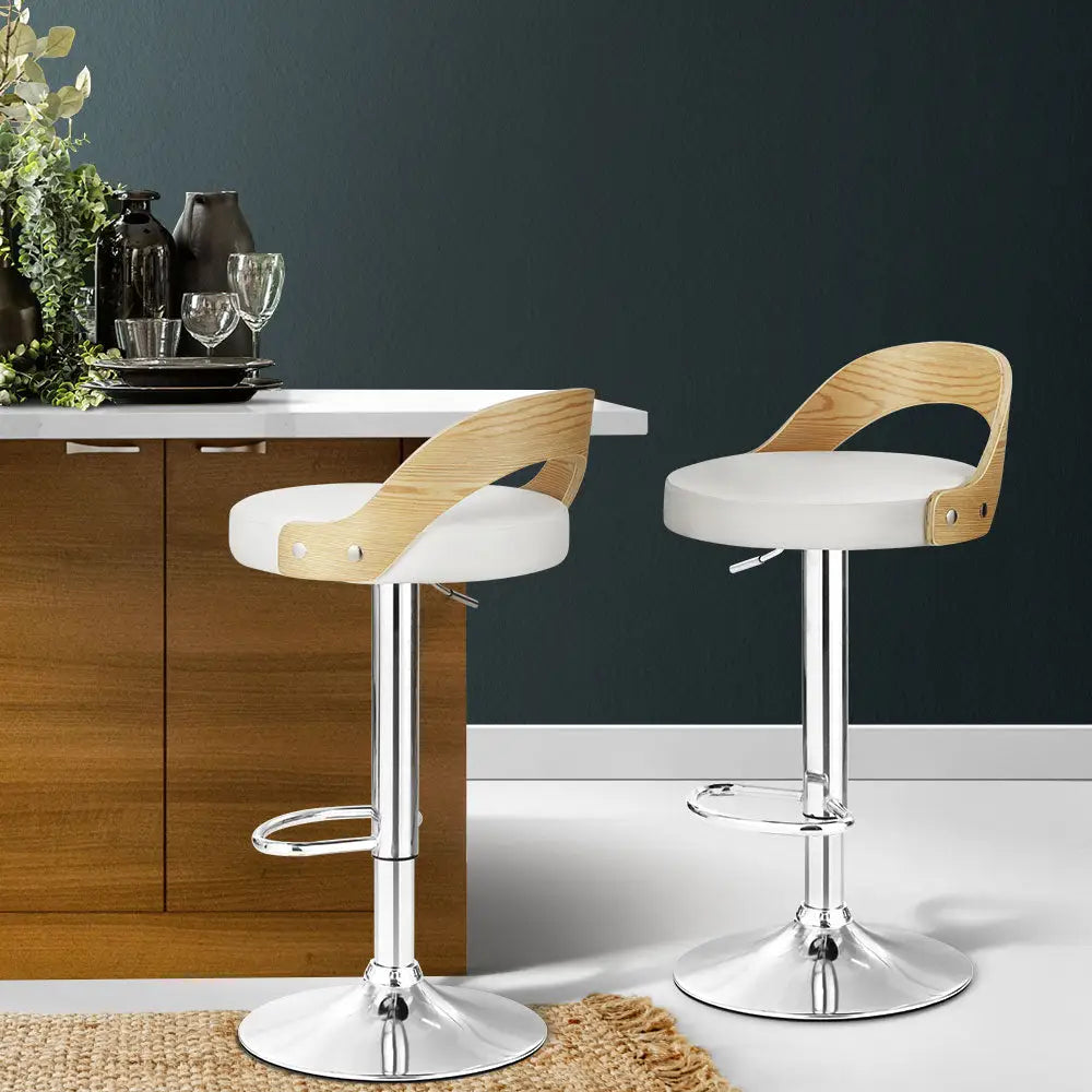 Artiss 2x Bar Stools Adjustable Leather Padded White - Furniture > Bar Stools & Chairs