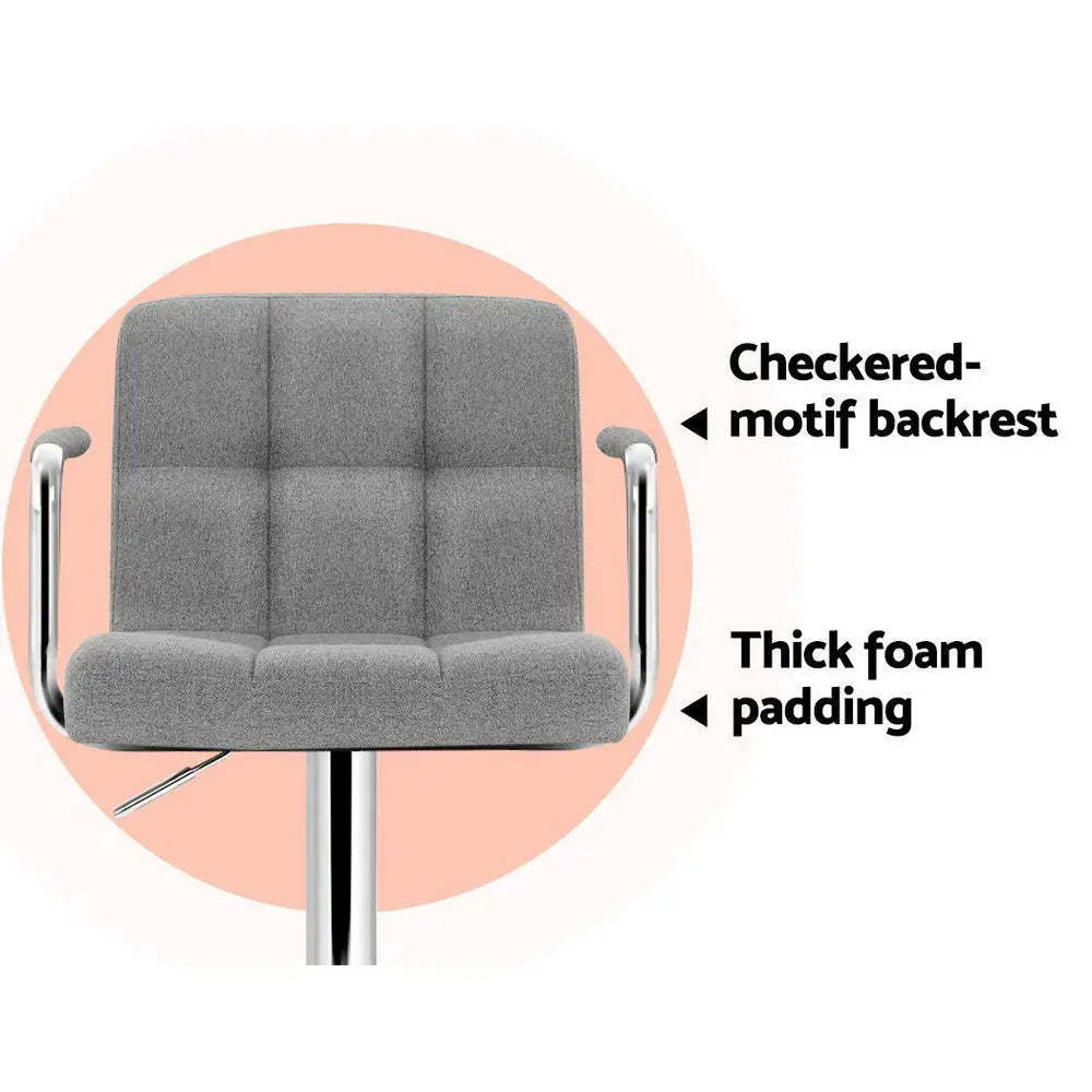 Artiss 2x Bar Stools Fabric Gas Lift w/Armrest Grey - Furniture > Bar Stools & Chairs