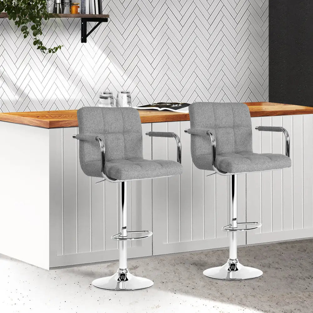 Artiss 2x Bar Stools Fabric Gas Lift w/Armrest Grey - Furniture > Bar Stools & Chairs