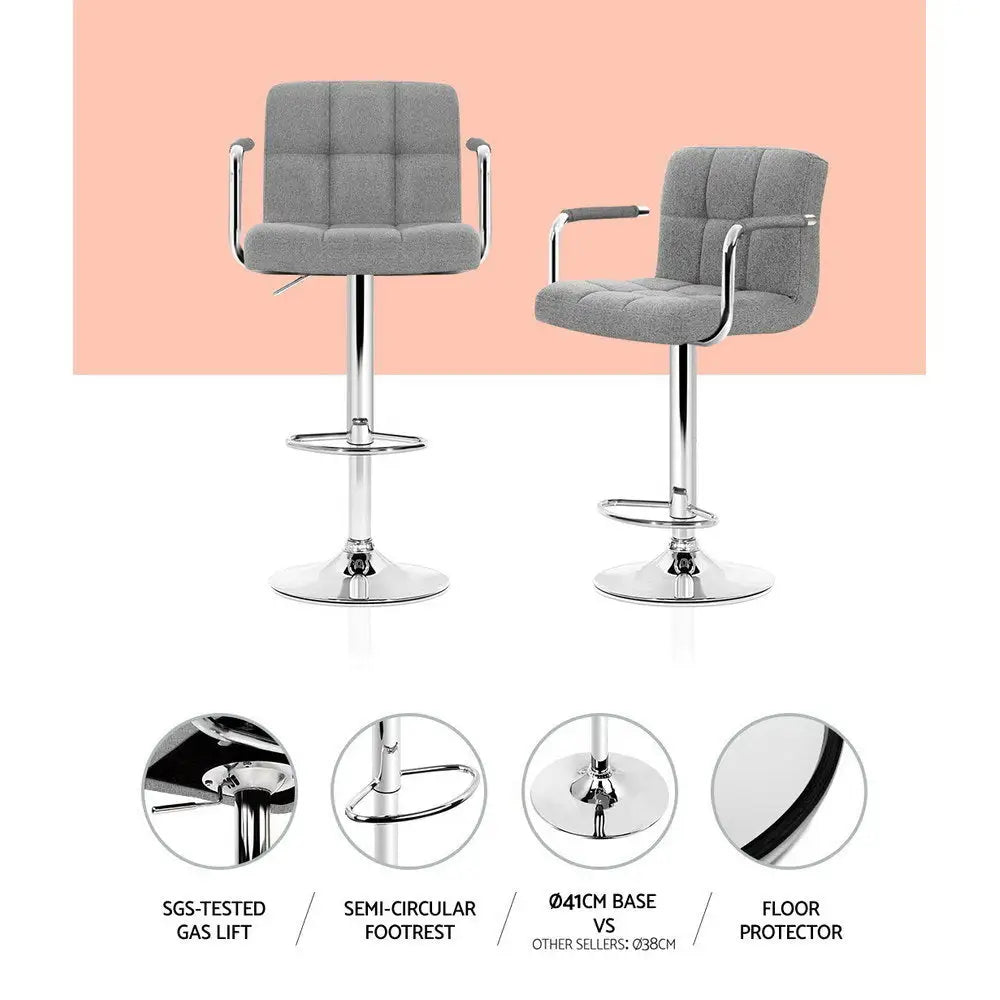Artiss 2x Bar Stools Fabric Gas Lift w/Armrest Grey - Furniture > Bar Stools & Chairs
