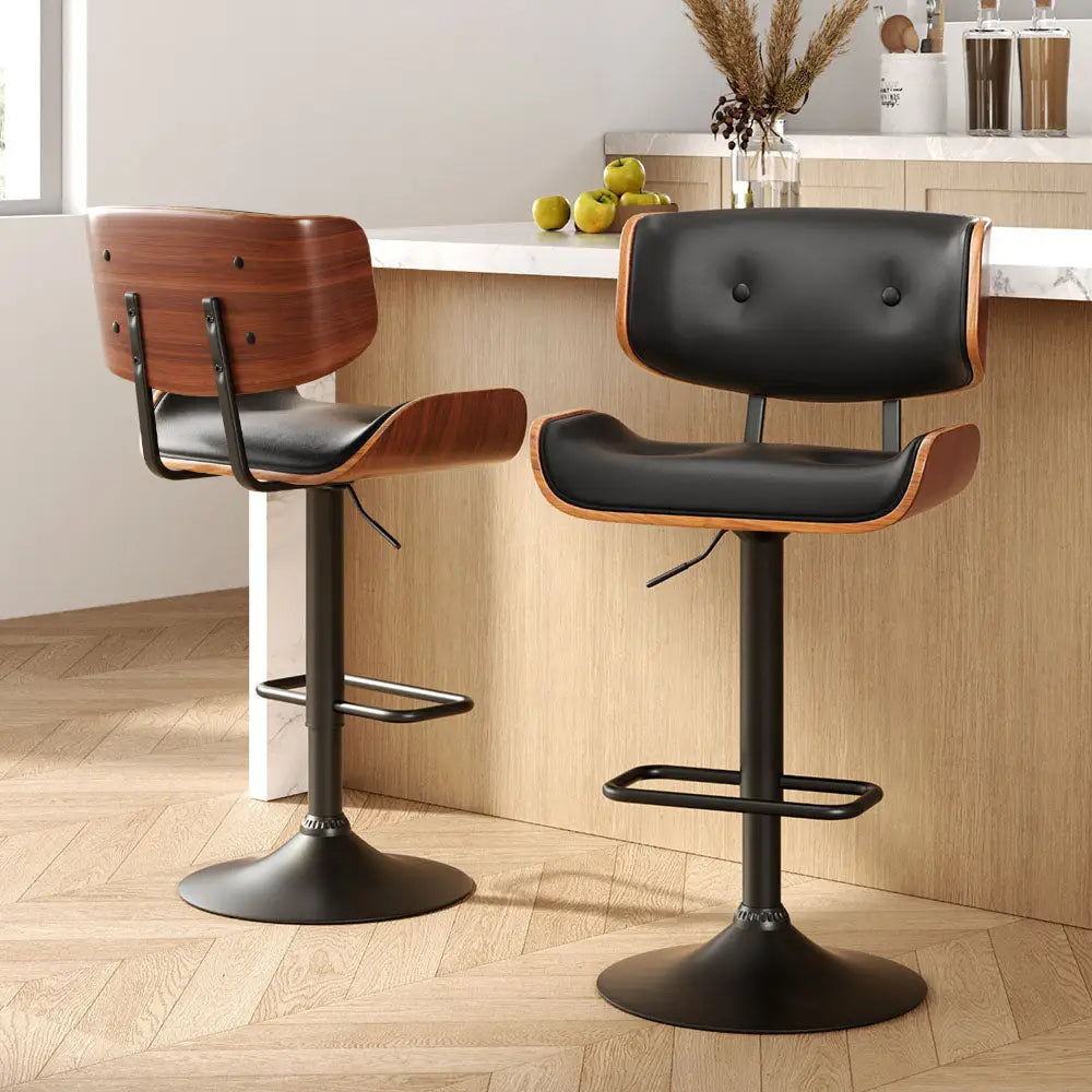 Artiss 2x Bar Stools Gas Lift Leather All Black - Furniture > Bar Stools & Chairs > Table & Bar Stools