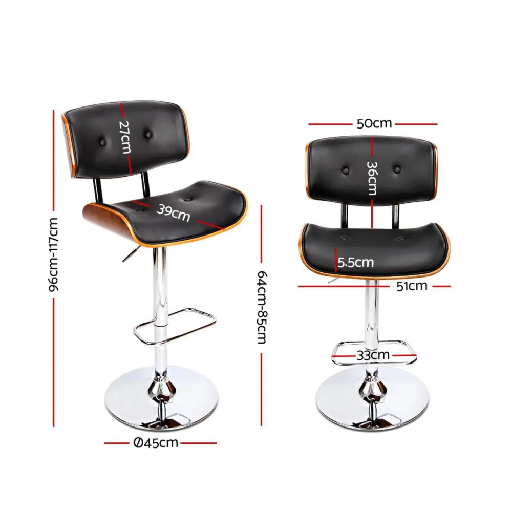 Artiss 2x Bar Stools Gas Lift Leather Black - Furniture > Bar Stools & Chairs