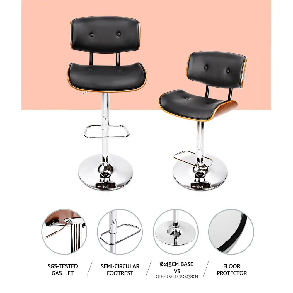 Artiss 2x Bar Stools Gas Lift Leather Black - Furniture > Bar Stools & Chairs