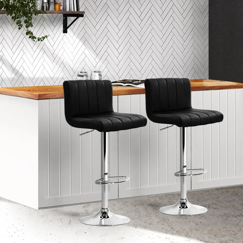Artiss 2x Bar Stools Gas Lift Leather Chairs Black - Furniture > Bar Stools & Chairs