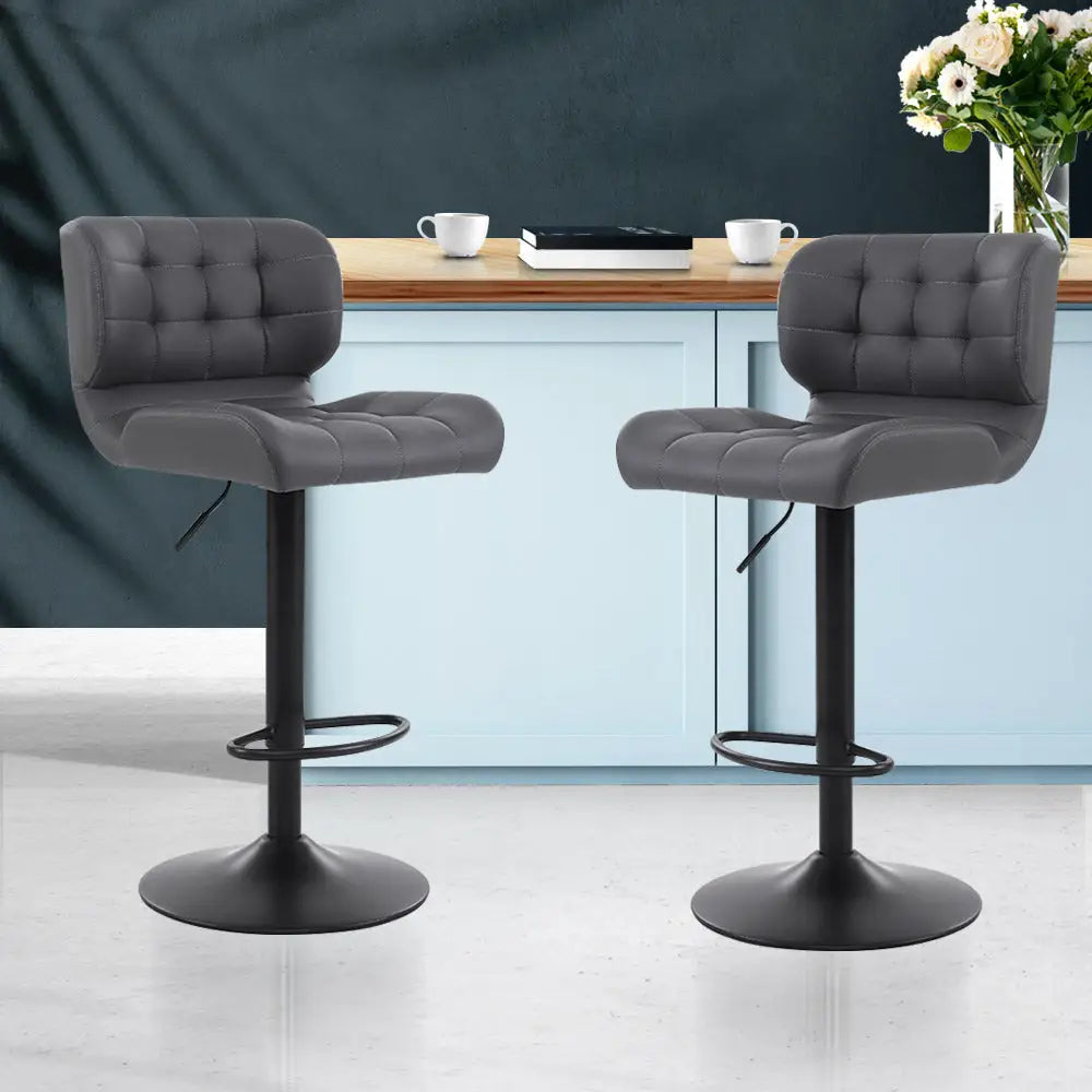 Artiss 2x Bar Stools Gas Lift Leather Padded Grey - Furniture > Bar Stools & Chairs