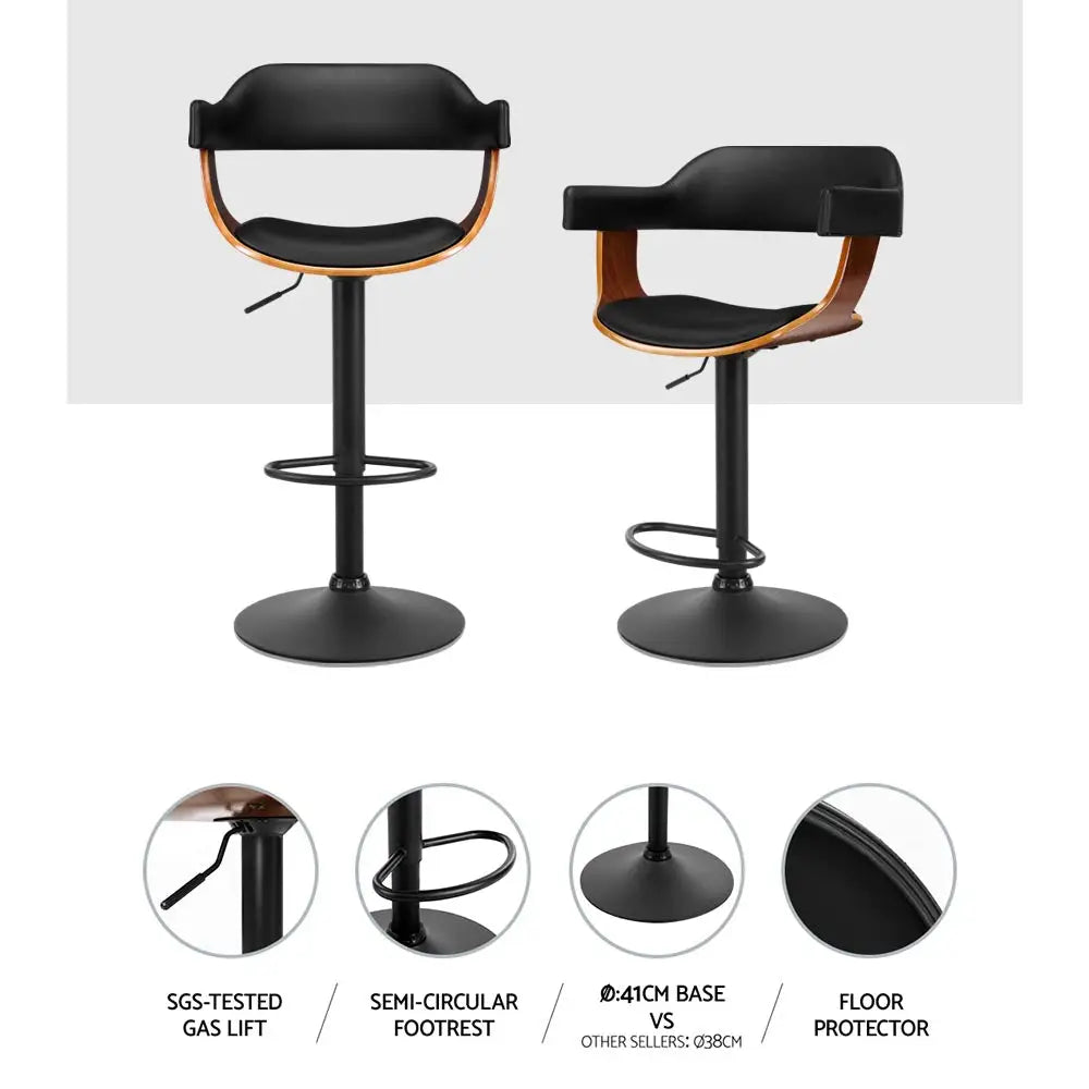Artiss 2x Bar Stools Gas Lift Leather w/Armrest All Black - Furniture > Bar Stools & Chairs > Table & Bar Stools