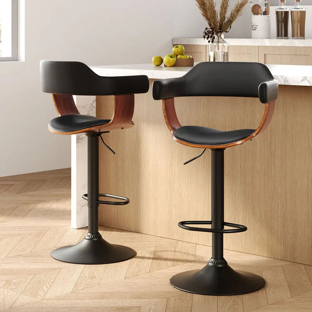 Artiss 2x Bar Stools Gas Lift Leather w/Armrest All Black - Furniture > Bar Stools & Chairs > Table & Bar Stools