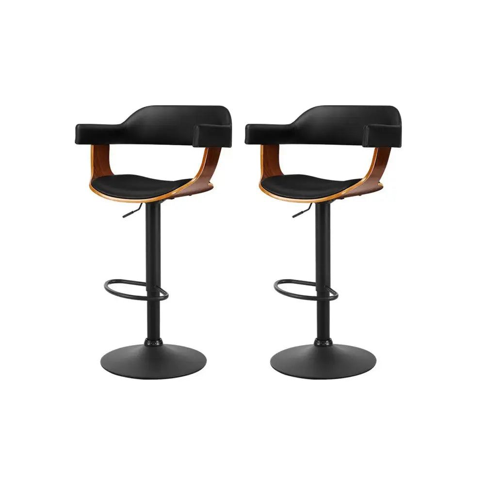 Artiss 2x Bar Stools Gas Lift Leather w/Armrest All Black - Furniture > Bar Stools & Chairs > Table & Bar Stools