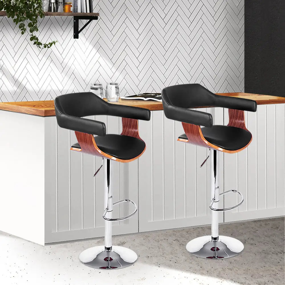 Artiss 2x Bar Stools Gas Lift Leather w/Armrest Black - Furniture > Bar Stools & Chairs