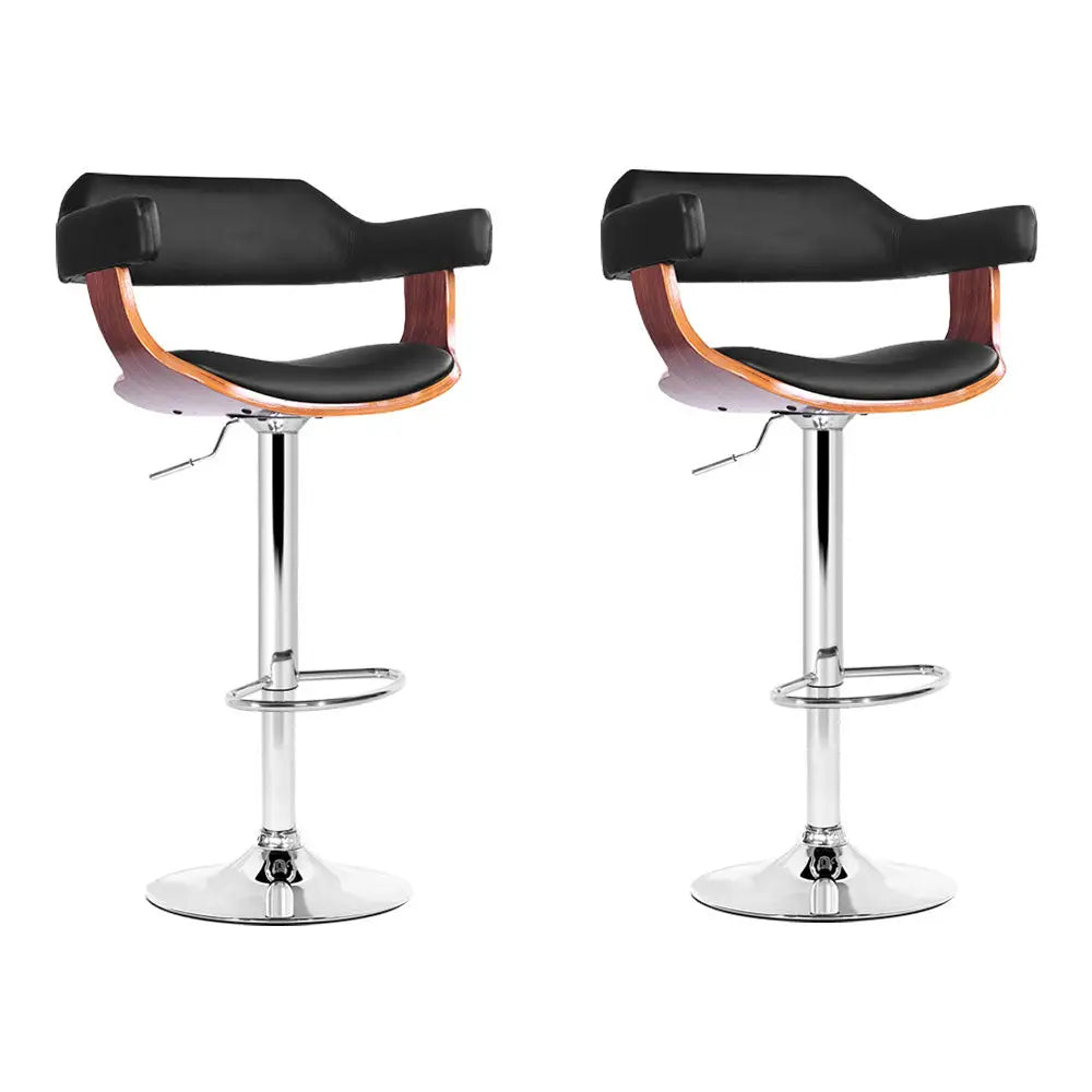 Artiss 2x Bar Stools Gas Lift Leather w/Armrest Black - Furniture > Bar Stools & Chairs