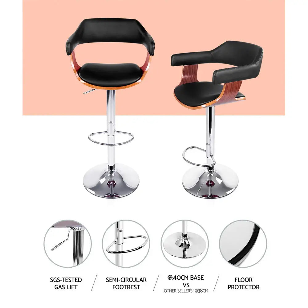 Artiss 2x Bar Stools Gas Lift Leather w/Armrest Black - Furniture > Bar Stools & Chairs