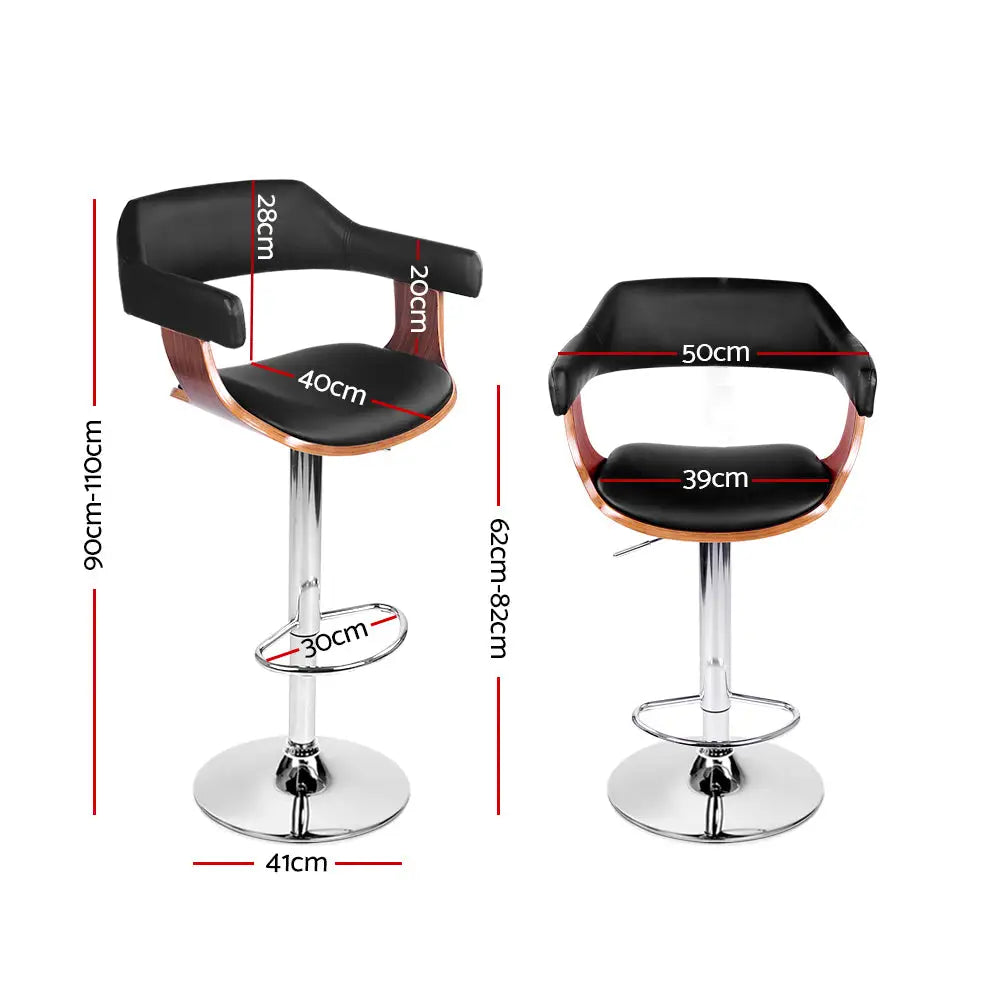 Artiss 2x Bar Stools Gas Lift Leather w/Armrest Black - Furniture > Bar Stools & Chairs