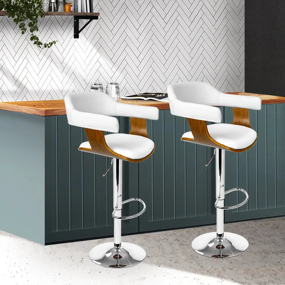 Artiss 2x Bar Stools Gas Lift Leather w/Armrest White - Furniture > Bar Stools & Chairs